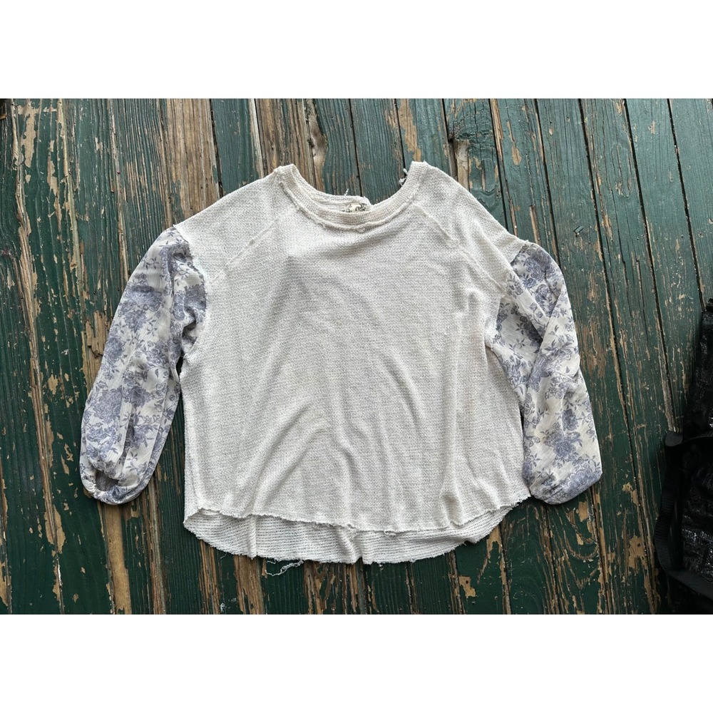 Blu Pepper Womens Cream Knit Floral Balloon Sleeve Distressed Boho Top M
